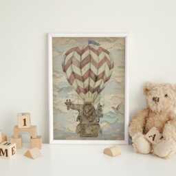 Hot Air Balloon Animal Print - Nursery Wall Art With Lion, Giraffe & Zebra Vintage Adventure Kids Room Poster - thumbnail 2