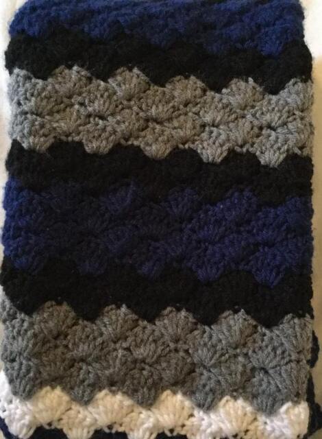 Crocheted Baby Blanket Travel/stroller/Crib/Car Seat/Navy-White-Grey-Black/Navy Ruffle - image 1