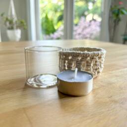 Small Macrame Tea Light Holder Boho Table Decor With Glass Insert - thumbnail 3