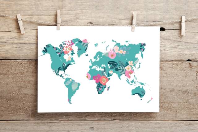 Floral World Map Print - Pink Blue Watercolour Art- Travel Gift Nursery Bedroom Playroom Home Decor - image 1