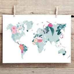 Floral World Map Print - Pink Blue Watercolour Art- Travel Gift Nursery Bedroom Playroom Home Decor - thumbnail 2