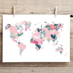 Floral World Map Print - Pink Blue Watercolour Art- Travel Gift Nursery Bedroom Playroom Home Decor - thumbnail 3