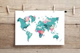 Floral World Map Print - Pink Blue Watercolour Art- Travel Gift Nursery Bedroom Playroom Home Decor - thumbnail 1