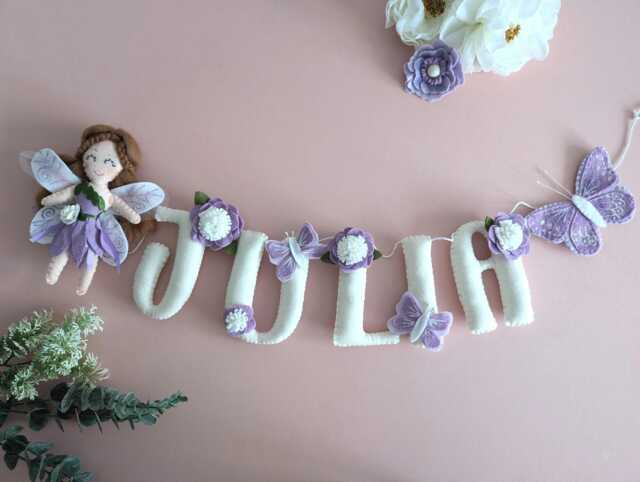 Fairy & Butterfly Name Garland, Fairy Themed Room, Enchanted Bedroom Decor, Girls Bunting, Purple Felt Decoration - image 1