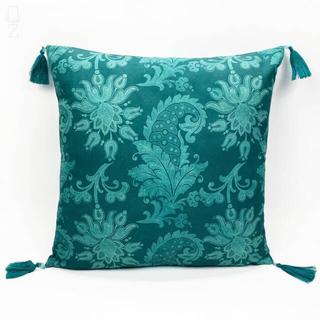 Green Chenille Cushion Cover White Damask Pattern With Tassels - image 1