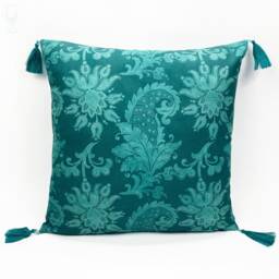 Green Chenille Cushion Cover White Damask Pattern With Tassels - thumbnail 1