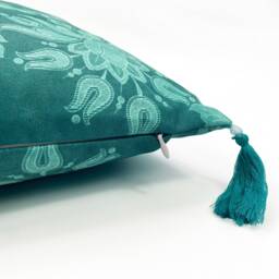 Green Chenille Cushion Cover White Damask Pattern With Tassels - thumbnail 2