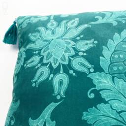Green Chenille Cushion Cover White Damask Pattern With Tassels - thumbnail 3