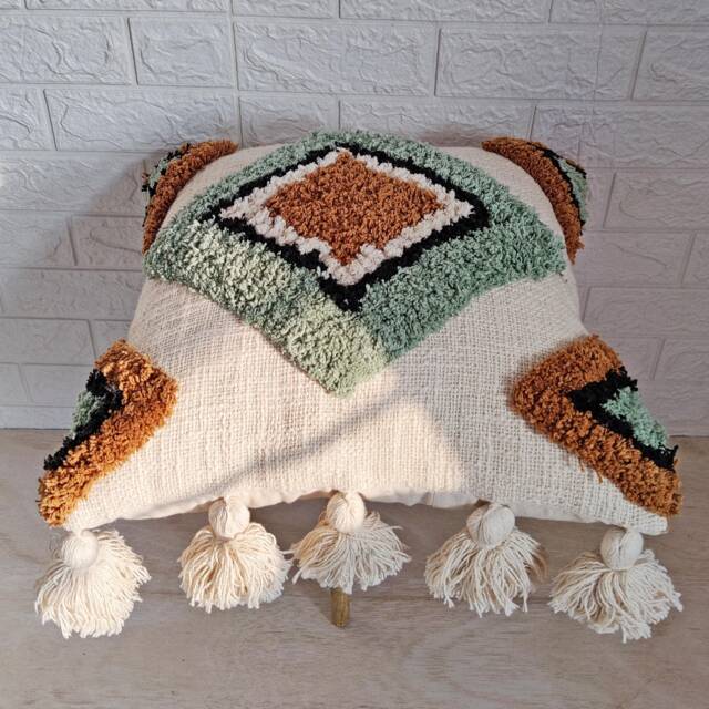 Sage Green & Ochre Ivory Multi Color Cotton Hand Embroidered Tufted 18x18 - 20x20 Decorative Cushion Cover Boho Textured Throw Pillow Case - image 1