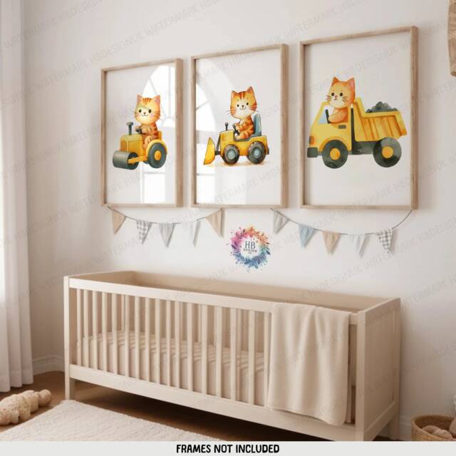 Ginger Cat Construction Posters - Set Of 3 Kids Prints - Digger Wall Art Truck Poster Bedroom Vehicle Nursery Transport Decor - image 1