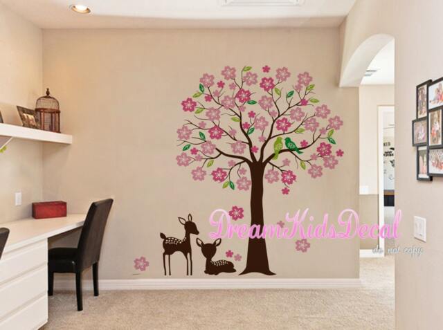 Cherry Blossom Tree Wall Decal With Fawn, Kids Room Decor - image 1