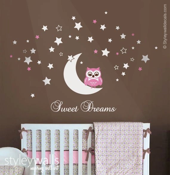 Owl Wall Decal, Moon & Stars Sweet Dreams Vinyl Lettering, Nursery Kids Sticker - image 1