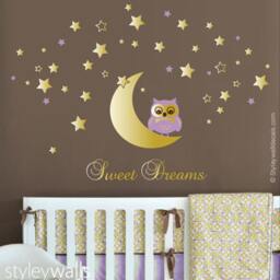 Owl Wall Decal, Moon & Stars Sweet Dreams Vinyl Lettering, Nursery Kids Sticker - thumbnail 3