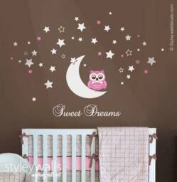 Owl Wall Decal, Moon & Stars Sweet Dreams Vinyl Lettering, Nursery Kids Sticker