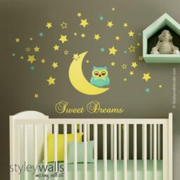 Owl Wall Decal, Moon & Stars Sweet Dreams Vinyl Lettering, Nursery Kids Sticker - thumbnail 2
