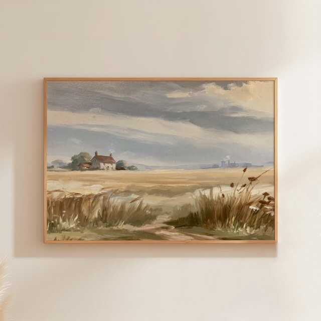 Farmhouse Field Poster, Neutral Landscape Print, Country Wall Art, Paper - image 1