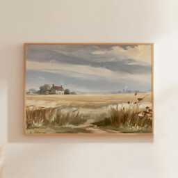 Farmhouse Field Poster, Neutral Landscape Print, Country Wall Art, Paper - thumbnail 1