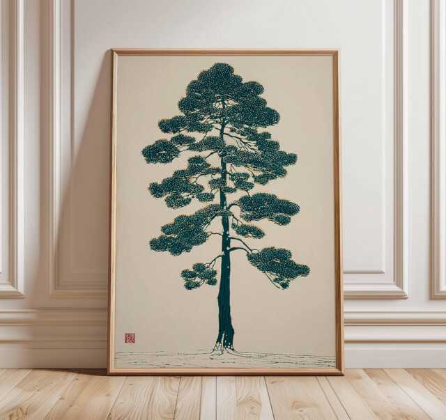 Japanese Winter Tree Print, Minimalist Teal Moon, Zen Landscape - image 1