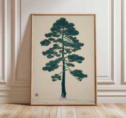 Japanese Winter Tree Print, Minimalist Teal Moon, Zen Landscape - thumbnail 1