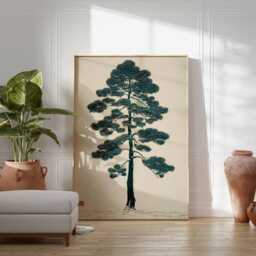 Japanese Winter Tree Print, Minimalist Teal Moon, Zen Landscape - thumbnail 4