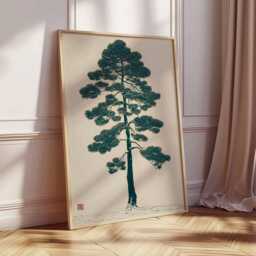 Japanese Winter Tree Print, Minimalist Teal Moon, Zen Landscape - thumbnail 2