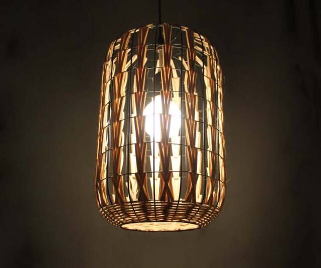 Rattan Pendant Light, Cylindrical Rustic Lighting With Black Frame - image 1
