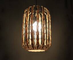 Rattan Pendant Light, Cylindrical Rustic Lighting With Black Frame