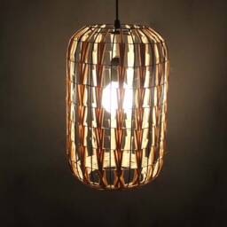 Rattan Pendant Light, Cylindrical Rustic Lighting With Black Frame - thumbnail 2