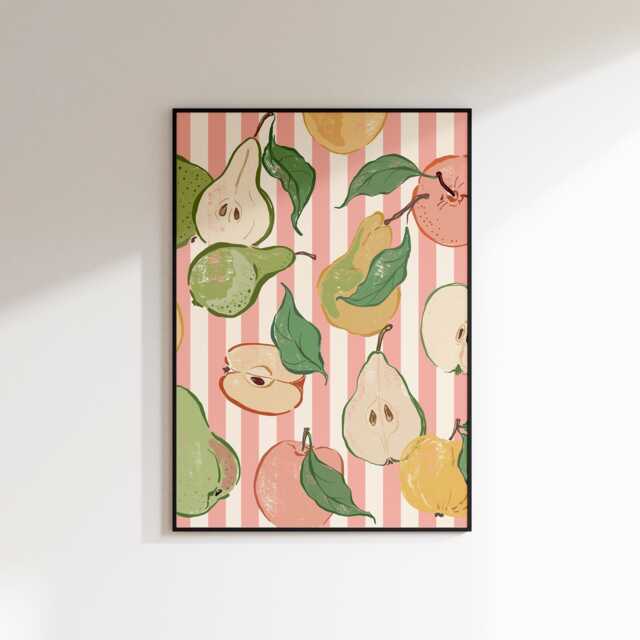 Farmers Market Print - Kitchen Wall Art Pear Pink Fruit Decor Colourful Kids Poster Prints Set - image 1