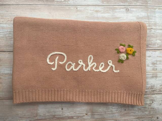 Hand Embroidered Baby Knit Blanket, Soft Cotton, Customized Gift For Newborn, Shower - image 1