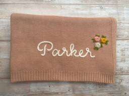 Hand Embroidered Baby Knit Blanket, Soft Cotton, Customized Gift For Newborn, Shower - thumbnail 1