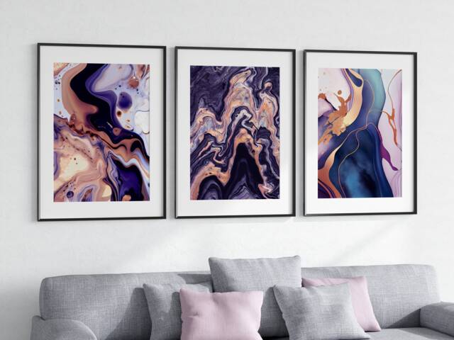 Set Of 3 Purple & Gold Marble Prints, Abstract Ink Wall Art, Modern Decor, Luxury Decor 1034 - image 1