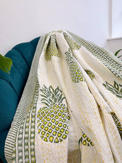 Kantha Stitch Pure Cotton Reversible Bed/Sofa Throw King Size - Tropical Floral Dohar Indian Blankets Summer White Green Pineapple Stripe - image 1