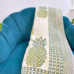 Kantha Stitch Pure Cotton Reversible Bed/Sofa Throw King Size - Tropical Floral Dohar Indian Blankets Summer White Green Pineapple Stripe - thumbnail 2