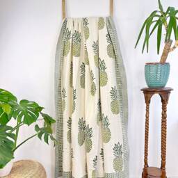 Kantha Stitch Pure Cotton Reversible Bed/Sofa Throw King Size - Tropical Floral Dohar Indian Blankets Summer White Green Pineapple Stripe - thumbnail 3