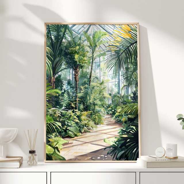 Kew Gardens Palm House Print - Botanical Greenhouse Art Victorian Glasshouse Poster Lush Plant Interior Wall Decor - image 1