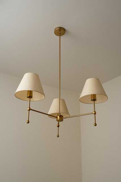 Mid-Century 3-Light Brass Chandelier With Fabric Shades - Modern Pendant Light Handmade Ceiling Fixture Dining Room & Living - image 1