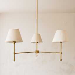 Mid-Century 3-Light Brass Chandelier With Fabric Shades - Modern Pendant Light Handmade Ceiling Fixture Dining Room & Living - thumbnail 2
