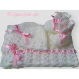 Crochet Baby Blanket, Hat & Booties Set, White Baby Blanket Hat Booties, Crochet Blanket, Shower Gift - thumbnail 2