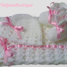 Crochet Baby Blanket, Hat & Booties Set, White Baby Blanket Hat Booties, Crochet Blanket, Shower Gift - thumbnail 3