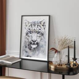 Snow Leopard Illustration With Frosty Blue Back Wall Art Print, For Homes, Printed Art, A4 A3 A2 - thumbnail 1