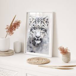 Snow Leopard Illustration With Frosty Blue Back Wall Art Print, For Homes, Printed Art, A4 A3 A2 - thumbnail 2