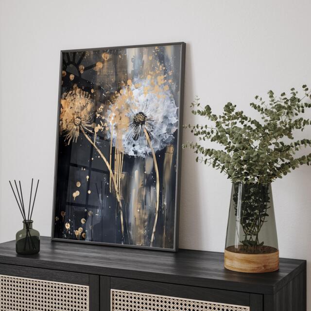 Dandelion Luxury Black & Gold Abstract Wall Art - Contemporary Print For Modern Style - image 1