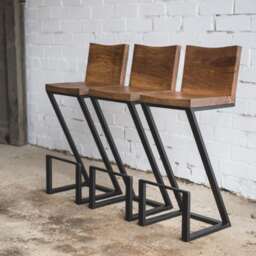 Industrial Bar Chair With Backrest, Metal Legs, Rustic Wood Seat - thumbnail 3