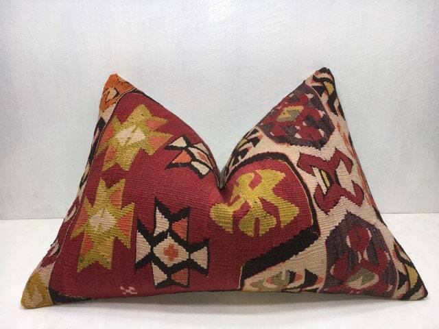Vintage Turkish Kilim Pillow, Bohemian Handwoven Lumbar Cushion - 16x24 - image 1