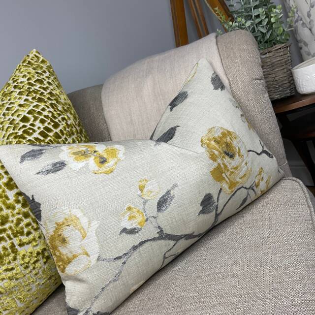 "Linen Rose Cushion Cover Pillowcase in Mustard Yellow Floral Pillow Size 12"" X 20" - image 1