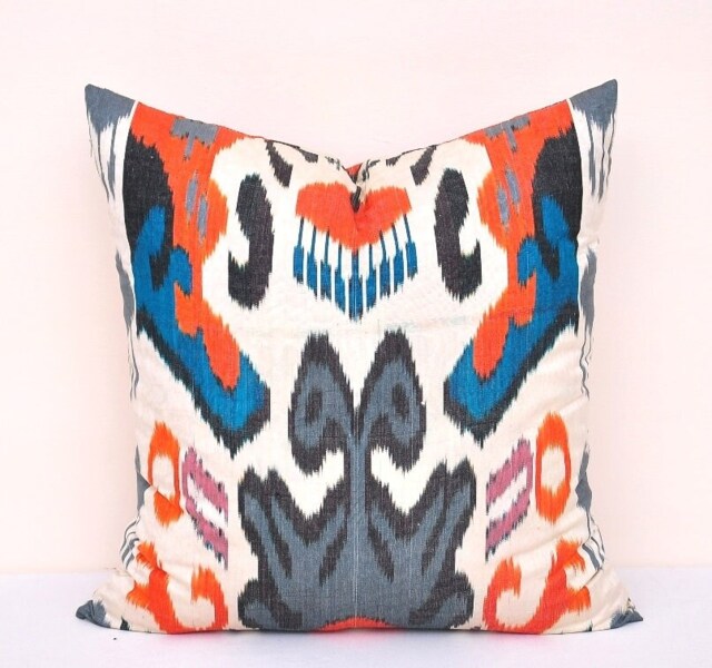 Handmade Silk Cotton Ikat Pillow Cover, Decorative Cushion, 20x20 - image 1