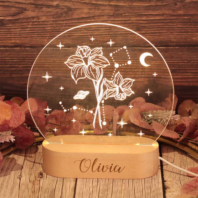 Personalised Zodiac Sign & Birth Flower Wooden Base Night Light Lamp - image 1