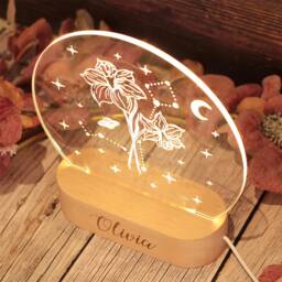 Personalised Zodiac Sign & Birth Flower Wooden Base Night Light Lamp - thumbnail 2