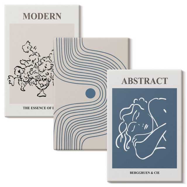 Canvas Wall Art Set Of 3 - Flowers Lines & Shapes Posters, Blue Large Art, Artwork Decor - image 1